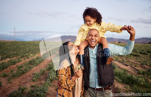 Image of Black family, piggyback and portrait at agriculture farm, laughing at funny joke and bonding together. Love, agro and care of father, mother and girl, kid or child on field for harvest and farming.