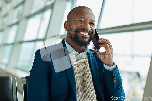 Image of Black man, phone call and smile at airport for business travel, trip or communication waiting for plane. African American male smiling for conversation, traveling or flight schedule on smartphone