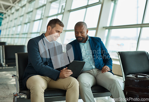 Image of Airport diversity, tablet or business people teamwork on finance portfolio review, stock market database or investment. Economy, travel or crypto trader collaboration on NFT, bitcoin or forex trading