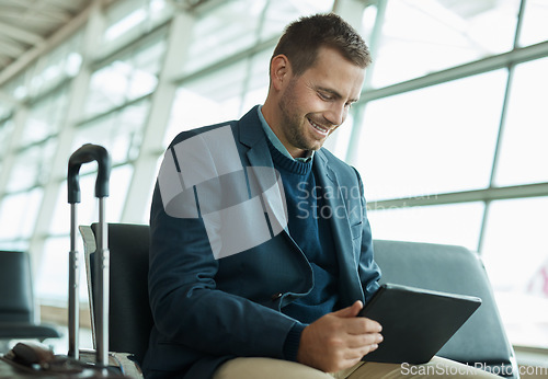 Image of Airport travel, tablet or business man review finance portfolio, stock market database or investment feedback. Economy, forex account manager or trader happy for NFT, bitcoin or crypto trading profit