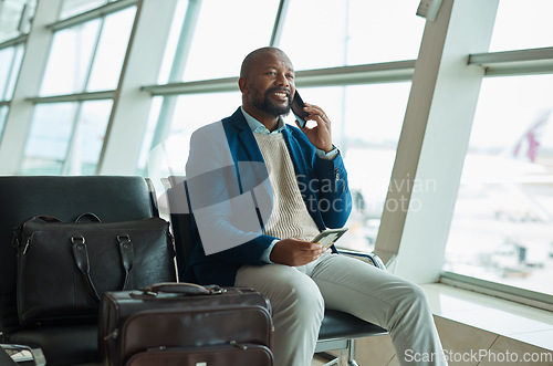 Image of Black man, phone call and passport at airport for business travel, trip or communication waiting for flight. African American male with smile for conversation, schedule or plain times on smartphone