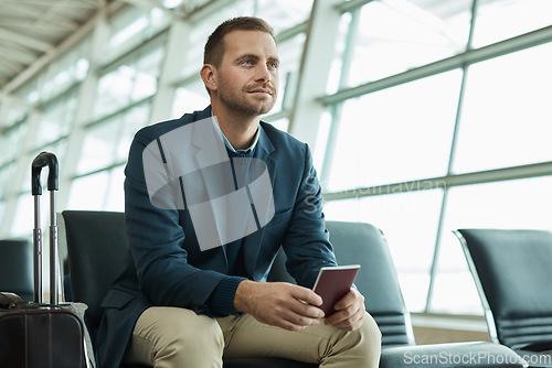 Image of Airport, passport and business man for travel opportunity, immigration and relax in lobby waiting room for flight. Person or international entrepreneur with identity document and luggage or suitcase