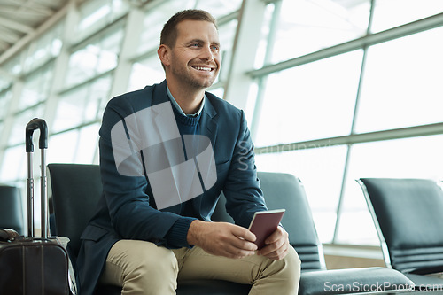 Image of Airport, passport and happy man for travel opportunity, immigration and relax in lobby waiting room for flight. Excited person or international businessman, identity document and luggage or suitcase