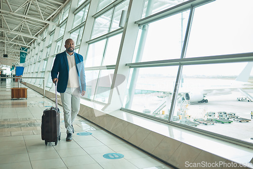 Image of Airport luggage, travel and black man walking to airplane, flight booking or transportation for corporate trip. Suitcase, plane departure or African businessman on holiday, vacation or global journey