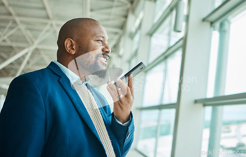 Image of Black man, phone call and communication at airport window for business travel or trip waiting for flight. African American male traveler smile for conversation, voice note or discussion on smartphone