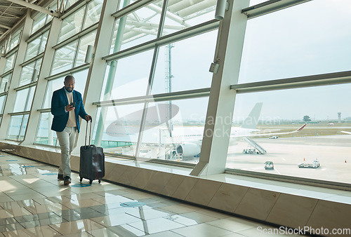 Image of Airport travel, phone or black man walking to airplane, flight booking or corporate transportation journey. Luggage suitcase, plane departure or typing businessman contact online user on holiday trip