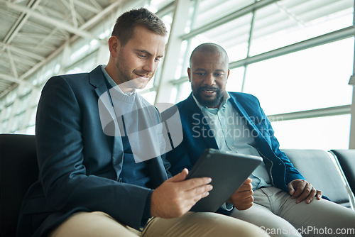 Image of Tablet, businessman or people at airport meeting for flight update, travel news or schedule planning. Teamwork, lobby and technology of international corporate or entrepreneur black man with partner