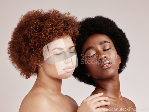 Image of Beauty, skincare and diversity of women faces looking relax from dermatology and spa. Isolated, gray background and studio of young people with a face and skin glow from treatment and cosmetics