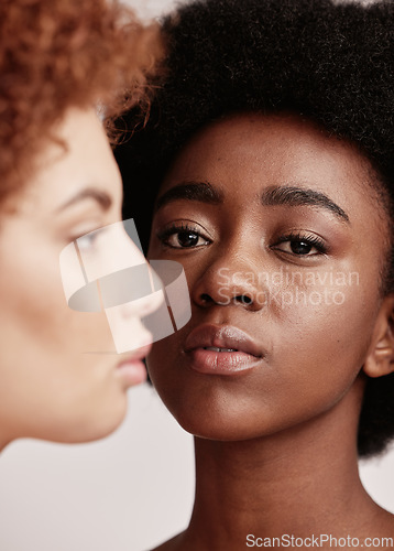 Image of Beauty, black woman and portrait with a friend profile for skincare, dermatology and spa aesthetic. Facial, skin glow and young person face with a female for cosmetics, detox and wellness treatment