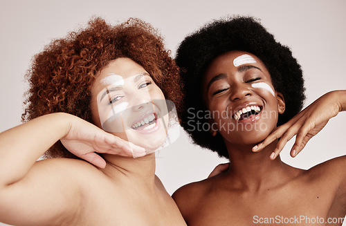 Image of Skincare, cream and women diversity portrait happy in studio with dermatology, cosmetics and beauty. Aesthetic model friends for color, self love and spa wellness facial skin glow and natural hair