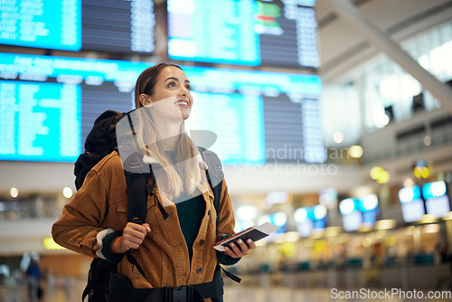 Image of Travel, airport and excited woman with passport. travel ticket and documents for immigration, journey and flight schedule. Backpack person with identity document search for international registration