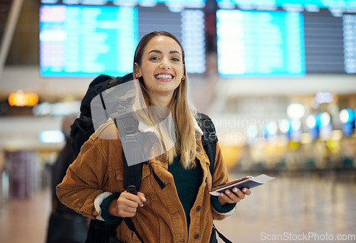 Image of Airport, travel and portrait of woman with passport, flight ticket or information of immigration, journey and backpack. Young person, identity document and international registration. faq or about us
