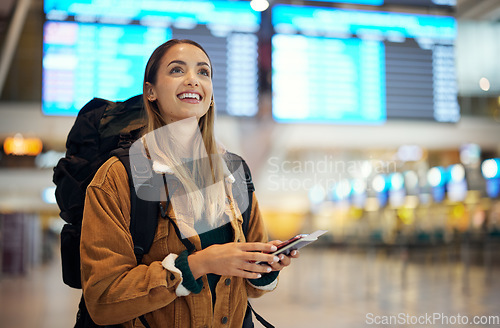 Image of Airport, travel and backpack woman with passport, flight ticket and documents for immigration, journey and schedule. Happy person, identity document search and international registration information