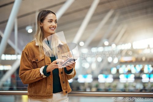 Image of Travel, phone and woman with passport at airport lobby for.social media, internet browsing or web scrolling. Vacation, thinking and happy female with mobile smartphone and ticket for global journey.