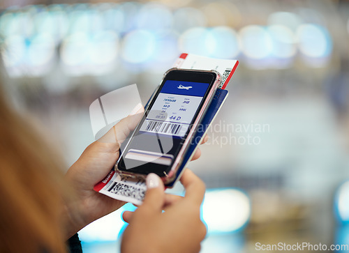 Image of Hands, phone travel and flight ticket app for vacation, holiday or international traveling. Technology, mobile and woman with smartphone with software for airline boarding pass or permit at airport.