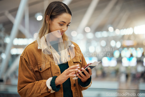 Image of Phone, passport and woman with travel ticket, website application and online payment at airport for journey. Search, global person on smartphone and identity document for international registration