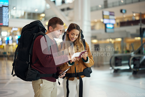 Image of Love, couple and in airport with passport, traveling and check passport for information, airline and summer vacation. Romance, man and woman with happiness, holiday and confirm travel time and break
