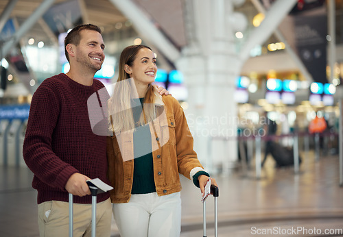 Image of Couple at airport, travel together and holiday overseas with adventure, love and romantic getaway with happy people. Man, woman and luggage, ready to board airplane for flight, trip with mockup space