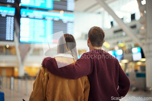 Image of Couple at airport, travel and flight time for vacation overseas,.adventure and love with romantic getaway and back view. Man, woman with international holiday and ready to board airplane for flight