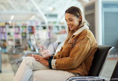 Image of Phone, travel and woman relax at airport lobby on social media, internet browsing or web scrolling. Immigration, mobile technology and female with smartphone for networking while waiting for flight.