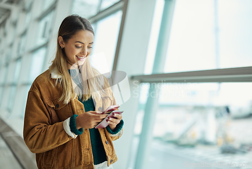 Image of Travel, phone and woman with passport at airport lobby for social media, internet browsing or web scrolling. Vacation, mobile technology and female with smartphone and document for global traveling.