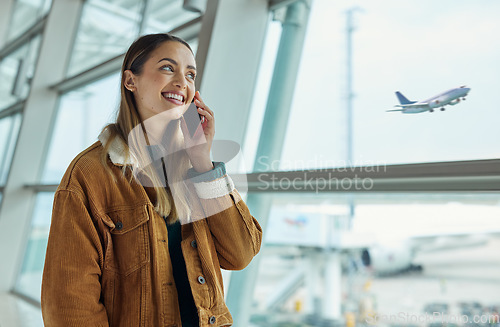 Image of Phone call, travel and woman talking at airport, chatting or speaking to contact in lobby. Communication, mobile and happy female with smartphone for networking while waiting for flight departure.