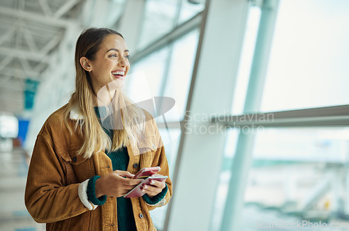 Image of Passport, travel and woman with phone at airport lobby for social media, internet browsing or web scrolling. Thinking, mobile and laughing female with smartphone and document for global traveling.