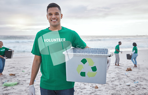 Image of Recycle, box and portrait of man at beach for plastic, environment and earth day cleaning. Recycling, sustainability and climate change with volunteer and trash for pollution and eco friendly