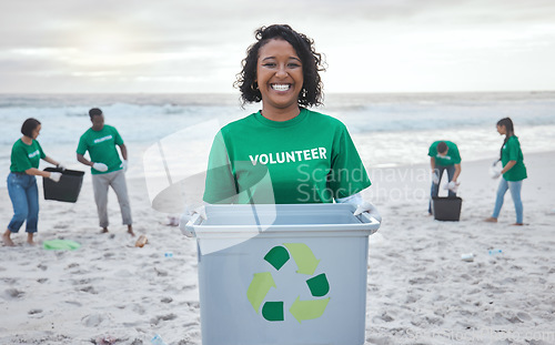 Image of Recycle, box and portrait of woman at beach for plastic, environment or earth day cleaning. Recycling, sustainability or climate change with volunteer and trash for community service and eco friendly