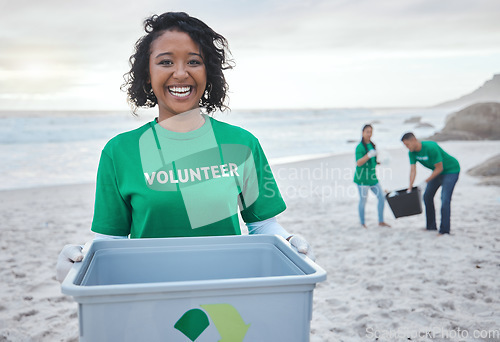 Image of Recycle, smile and portrait of woman at beach for plastic, environment or earth day cleaning. Recycling, sustainability and climate change with volunteer and trash for pollution and eco friendly