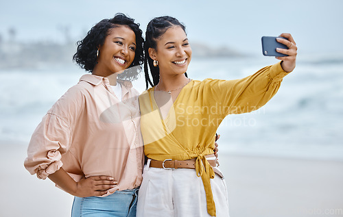 Image of Beach, selfie or friends on holiday in summer vacation with a happy smile while bonding in Miami, Florida. Travel, freedom and women hugging for photo, profile picture or social media post in Miami