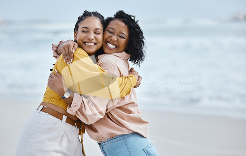 Image of Beach, hug and happy couple of friends for lgbtq, queer love and freedom on vacation together in gen z youth. Black woman and partner on a date, relax and excited for valentines holiday by the ocean