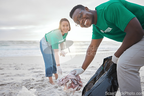 Image of Happy, recycling and portrait of people on beach for sustainability, environment and eco friendly. Climate change, earth day and nature with volunteer for community service, plastic and charity