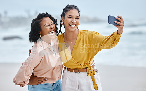 Image of Beach, selfie or funny friends on holiday vacation with a happy smile while laughing or bonding in Miami. Travel, ocean or women hugging or relaxing for photo, profile picture or social media post