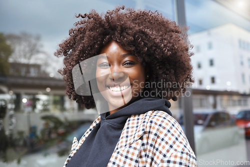 Image of Selfie, portrait and black woman in city for travel, fun and vacation on window background space. Face, social media or girl influencer live streaming for online audience, blog or followers in London