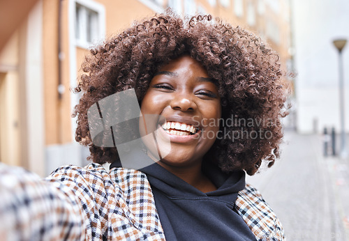 Image of Black woman, portrait or afro selfie in city, urban holiday or vacation on fashion vlog, social media or live streaming blog. Smile, happy or travel influencer face in photography or profile picture