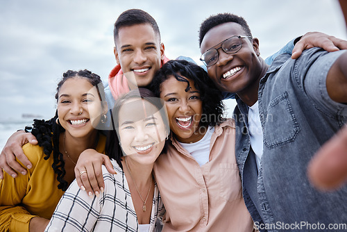 Image of Selfie, diversity and portrait of friends on a holiday while having fun together on weekend trip. Freedom, smile and happy group of diverse people taking a picture while on adventure on a vacation.