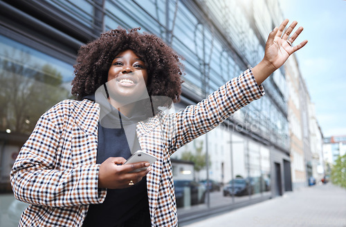 Image of Taxi, hands and sign by black woman in city for travel, commute or waiting for transport on building background. Hand, bus and stop by girl in Florida for transportation service, app or drive request