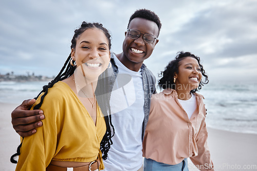 Image of Beach, diversity and friends on a walk while on a vacation or weekend trip for summer in Hawaii. Travel, multiracial and happy people walking in nature by the ocean while on seaside holiday together.