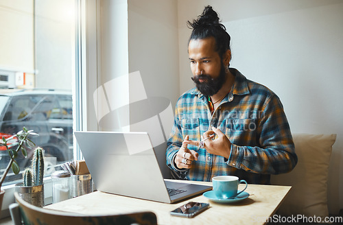 Image of Remote work, video call or cafe man on laptop planning for web store networking, growth or B2B sale. Small business or startup on tech for communication, social network or research in restaurant