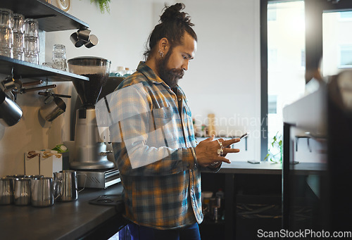 Image of Tablet search, barista and cafe boss working on digital retail shop design for business. Coffee shop waiter, ecommerce and man planning a restaurant web page for online shopping and networking