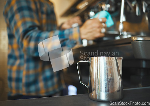 Image of Cleaning, mug or coffee shop owner man in kitchen of cafe for machine management, disinfection or maintenance. Waiter, worker or barista store for service, hygiene workflow or process in restaurant