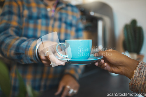 Image of Customer service, cafe and hands of people with coffee for drinking, breakfast or lunch in restaurant. Small business, cafeteria and barista serving caffeine, espresso and latte in cup to client