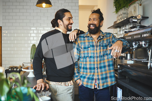 Image of Coffee shop, partnership and small business with men and barista, hospitality and catering with cafe owner team. Collaboration, success and happy people with server, entrepreneur and service industry