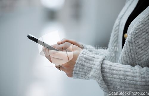 Image of Social media, hands or woman with phone for research, communication or blog news with blurred background. Zoom, digital or girl on smartphone for networking, website search or online content reading