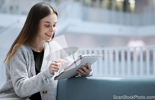 Image of University, happy or woman in library on tablet for research, education or learning. Mockup, student or girl on tech for scholarship communication, search or planning school project at collage campus