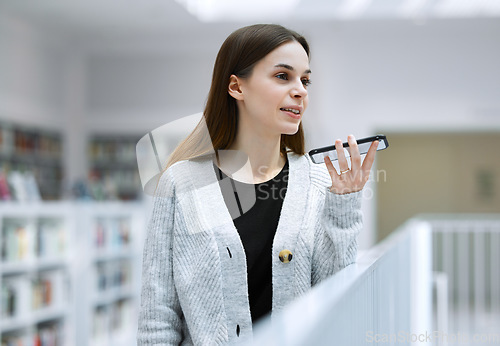 Image of Phone call, communication or student woman in library for education, networking or learning. Books, university research or girl on smartphone for scholarship discussion, talking or virtual assistance