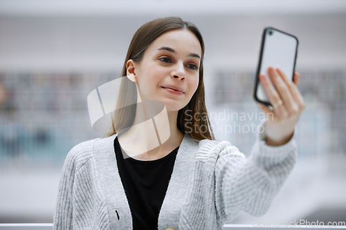 Image of Selfie, campus and happy woman for education update, social media or influencer blog post for gen z lifestyle. Happy, young person face or student profile picture in university or college research
