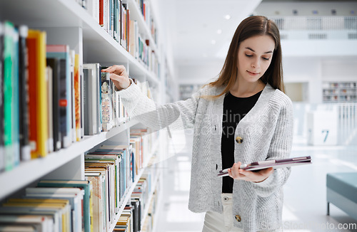 Image of University, student or woman in library with tablet for research, education or learning. Bookshelf, books or girl on tech for scholarship research, search or planning school project at collage campus