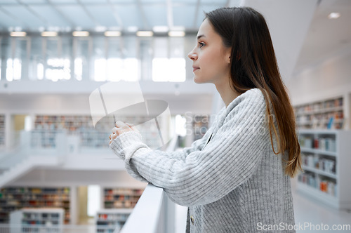 Image of University, thinking and profile of woman in library for learning, reading and academic knowledge in building. Education, books and female student with ideas, vision and mindset for study goals